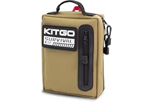 Kitgo Camping Survival Kit First Aid 108 Piece Professional Emergency Survival Gear Tool for Hunting Hiking Outdoor Adventure Fishing Travel Military Tropical Storms (Khaki)