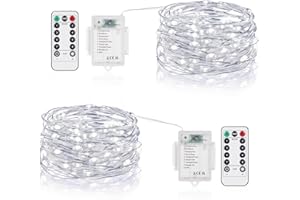 Vacoulery LED String Lights Battery Operated, 5M 50 LEDs Copper Wire Fairy Lights with Remote Control, 8 Modes Waterproof Dimmable for for Indoor Outdoor Decoration (2 Packs, Cold White)