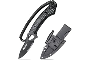 TONIFE Explorer Cuchillo de Hoja Fija con Funda 8Cr14MoV Blade Cuchillo Multifuncional de Supervivencia, Fibra de Vidrio Reforzada con Mango de Nylon para EDC Cuchillo (Negro Titanio con Serreta)
