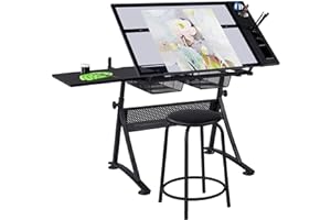 costoffs Adjustable Drafting Table, Tiltable Drawing Tabletop with Tempered Glass, Drawing Table Artist Desk With 2 Drawers/stool, Black, 121x60x70.5cm