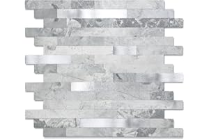 Yipscazo 1 Sheet Peel and Stick Stone Metal Tile Backsplash, Stick on Tiles for Backsplash Kitchen, Bathroom, Laundry Room, Camper, Fireplace (12'' X 12'', Gray Stone with Metal)