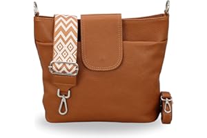 BRISE Umhängetasche Damen Echtes Leder ELLIE Handgemachte Crossbody Bag mit Ledergurt + Optionalen Breiten Gemusterten Riemen 6 Fächer Wasserdichte Stylische Schultertasche Made in Italy