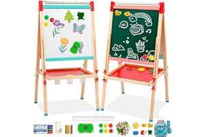 Arkyomi Pizarra para niños caballete de madera, pizarra infantil, pizarra de doble cara y pizarra blanca, altura regulable, pizarra con rollo de papel, pizarra de pie con accesorios a partir de 3, 4