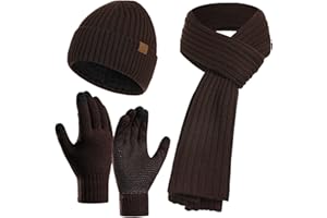 KUNYEAH 3PCS Winter Unisex Hat Scarf Gloves Set Warm Knit Beanie Hat Touchscreen Gloves Long Scarf Outfit for Men and Women