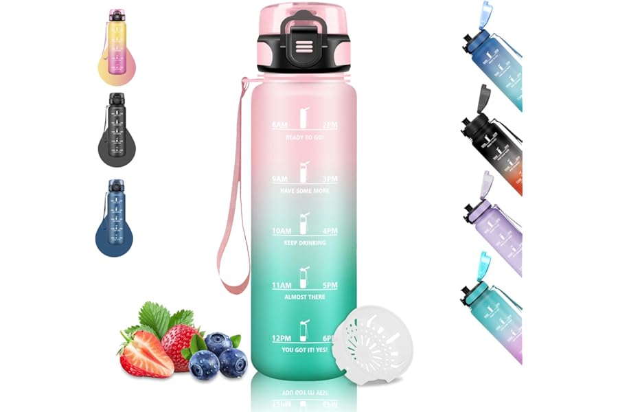 Grsta Water Bottle, 1 Litre Motivational Water Bottles, Leakless Water Bottles, Adult Water Bottles with Drinking Times, Water Bottles for Cycling, Sports, Camping, Hiking, Yoga, Pink-Green