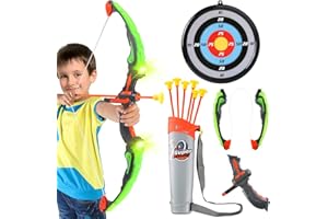 Teklemon Arc et Flèche Enfants Kit, Tir à l'arc pour Enfants avec des Lumières LED, 6 Flèches de Ventouses, Cible et Carquois, Toys de Tir à l'arc en Intérieur et Extérieur Cadeau pour Enfants
