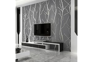 Trafagala Non-Woven Silver Grey Wallpaper 3D Embossed Striped Feature Branch Glitter Wallpaper Flocking Textured Wallpapers Modern Minimalist for Bedroom Living Room TV Backdrop Hallway Hall Lounge