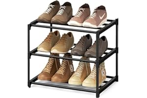Flosvotals 3 Tier Shoe Rack,Space Saving Shoe Storage Organiser,Metal Storage Rack, Easy Assembly & Strong Design, Stackable Shoe Shelf, for Hallway, Living Room, Bedroom,Black, XJ123