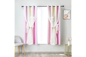 Jianyana Rideaux Chambre Fille Rose Couche Double Prime Rideau Occultant Enfant Salon Fille Lot de 2 Rideaux Étoiles Occultants Thermique Anti Chaleur Isolant avec Voilages Nets (130 x 160cm)