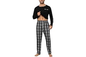 Litherday Pyjama Homme Hiver Chaud Coton à Manches Longues Vêtements De Nuit pour Hommes Deux Pièces Pantalon et Haut à Carreaux