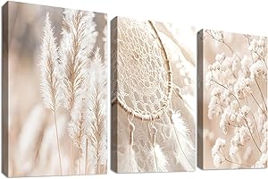 HALFLEMART 3 Pcs Beige Hierba de la Pampa Marco de Madera Cuadro Moderno Atrapasueños Botánico Aliento de Bebé Lienzo Decorativos Pintura Imagen Cuadros Decoracion Salon Dormitorios Pasillo Baño 30cmx40cmx3