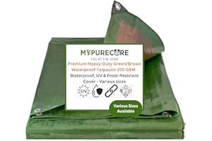 MYPURECORE YOU AT THE CORE MYPURECORE Heavy-Duty Tarpaulin 220 GSM – Waterproof, Dual-Colour Green/Brown, Reinforced Eyelets Every 50cm, Ideal for Camping, Garden, Greenhouse, Outdoor Furniture, Trailers & Sheds (2m x 2m)