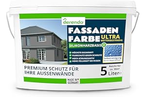 derendo Silikonharz Fassadenfarbe grau ULTRA Wetterschutz, 5l, Abperleffekt wie beim Lotus Blatt, inkl. Schutz vor Verunreinigungen durch die hochwertige Silikonharz-Beschichtung (Betongrau 25-47)