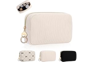 PLAYEXEN Neceser Maquillaje Grande para Niñas Mujers de Tejido de Pana Pequeño Estuche de Maquillaje Organizador Maquillajes Cosméticos Portátil Bolsa de Aseo para Viajes Compras 16 * 5,5 * 11,5 cm(Beige)