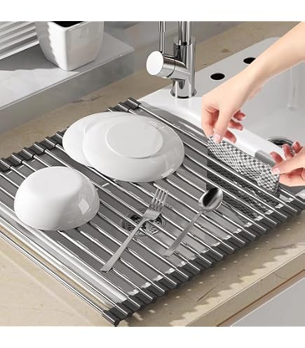 Scolapiatti arrotolabile, da sopra il lavello, pieghevole, resistente al calore, antiscivolo, in acciaio rivestito in silicone, per lavello da cucina, multiuso, arrotolabile (nero, 43 x 33 cm