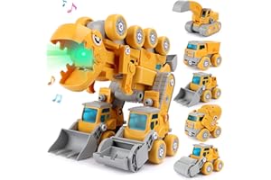 Veluoess 5 en 1 Camiones de Construcción de Juguete, Juguete Desmontable de Camiones de Ingeniería de Dinosaurios con Camión Mezclador, Excavadora, CamióN Volquete, Excavadora, Rodillo de Camino