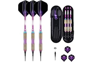 SANFENG Dartpfeile mit Kunststoffspitze 18 / 20 Gramm, 3 Stück Profi Softdarts mit Brass Barrel für Elektronische Dartscheibe, 6 Aluminum Shafts Flights 50 Anti-Lose Gummiringe 50 Spitzen, Lila Blau Grün
