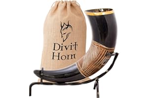DIVIT HORN Corne à boire Viking avec support en fer véritable Divit | Ornements en laiton et sac-cadeau en toile de jute inclus | Corne de 13 ’’ et capacité de 16 oz (400 ml) | L'original. (Jarl, Polished)
