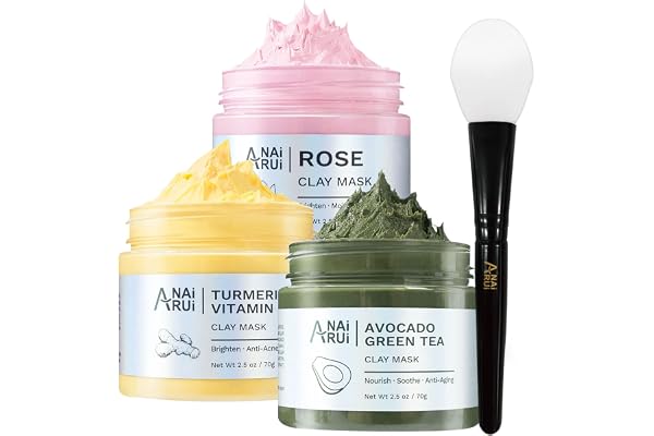 ANAiRUi Masque Visage au Curcuma - Masque Argile à la Rose - Masque de Boue à l'Avocat et au Thé Vert, Kit de Masque Visage pour Nettoyage, Purification, Réduit Acné et les Points Noirs, 210g