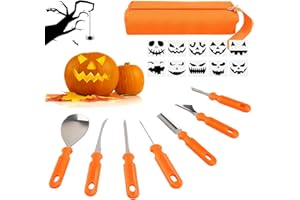 dellyy Kit Intaglio Zucca Halloween, Professionale Kit Intaglio Zucca Halloween, 7 Pezzi Set per Intagliare di Zucca Halloween, Viene Fornito con 10 Sagome Riutilizzabili per Intagliare le Zucche