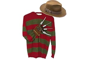 Dreamzfit - Mens Nightmare on ELM Street Halloween Horror Scary fancy Dress Costume - Adult Green & Red Stripe Jumper and Claw Glove Freddy Krueger Cosplay Outfit