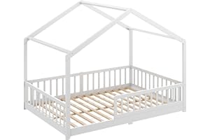 CADANI Malte Hausbett 140x200 cm Weiß, Montessori Bodenbett, Rausfallschutz abnehmbar, Kinderbett Umbaubar inkl. Roll-Lattenrost, bis 200 kg belastbar