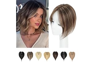 LASUNORK Hair Toppers for Thinning Hair Women Real Hair Pieces for Women Human Hair Topper Adding Extra Hair Volume Swiss Base Clip in Hair Extensions 10inch (Medium Brown Mix Blonde)