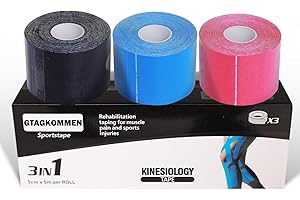 GTAGKOMMEN 3 pezzi,Kinesio tape （Black+Blue+Pink) 5m x 5cm kinesio tape ogni volume tape sportivo protezione antincendio tape kinesiologico autoadesivo Per lo kinesio tape sport