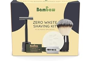 Bambaw Kit Rasage Homme – Rasoir de Sureté Homme avec Support, 15 Lames de Rasoir, Blaireau Rasage Homme et Savon à Barbe Sans Parfum, Coffret Cadeau Homme