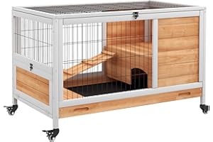 PawHut Gabbietta per Conigli e Porcellini d'India Conigliera con 4 Ruote, Casetta, Rampa e Vassoio Rimovibile, Legno Naturale, Giallo, 90x53x59 cm