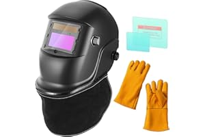 BOSYTRO Máscara de Soldadura, Casco Soldad con Oscur Auto, Batería Reemplazable, con 2 láminas Protectoras + Guantes de Soldadura + Protector de Cuello de Cuero auténtico para ARC Cut Grind