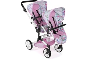 Bayer Chic 2000® Puppenwagen Linus Duo – Flowers Rosa – Faltbarer Zwillingspuppenwagen – Verstellbarer Griff 50-82 cm – Puppen bis 50 cm – 4-8 J.