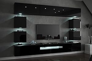 ‎FURNITECH FURNITECH Wohnwand mit LED RGB - 16 Farben - Hängend Modern - Möbel mit Regale und TV Schrank für Wohnzimmer (Future C81-HG-B1 1A - 257 cm)