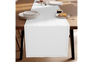 Encasa XO Runner da Tavolo | Puro Cotone con Design Orlato | Dimensioni 32x150 cm | Bianco - Lavabile in Lavatrice