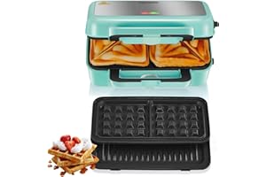 FOHERE Sandwichera 3 en 1, 1200W Grill, Gofrera y Sandwichera, Control de Temperatura de 5 Velocidades, 3 Placas Antiadherentes y Extraíbles, Asa de Toque Frío, LED Indicadores Luminosos, Libre BPA (Azul)