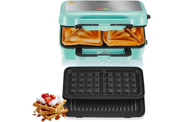 Gaufrier 1200W, Appareil Croque Monsieur 3 en 1, Contrôle de la Température à 5 Vitesses, Machine à Gaufres et Croques, à Sandwich et Grill, Revêtement Antiadhésif pour Nettoyage Facile,FOHERE (Bleu)