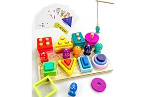 Ucokee Giocattoli Montessori 2 3 Anni, 4 in 1 Giocattolo di Legno con Impilare e Ordinare, Blocchi di Forma, Giochi di Pesca per Bambinie 12 carte educative - Regalo giocattolo per bambini 1 2 3 4