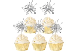 Gleevio 40 Stück Happy Birthday Muffin Deko Foil Feuerwerk,Silber Tortendeko Geburtstag,Glitzer Foil Feuerwerk Cupcake Deko,Happy Birthday Tortendeko,Kuchendeko für Geburtstag Neujahr Weihnachten