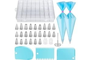 InnoGear 32-Pieces Cake Piping Nozzles Tips Kits with 2 Reusable Piping Bags, 2 Coupler, 3 Plastic Scrapers, 1 Flower Nail, and Storage Case, Stainless Steel, Silver