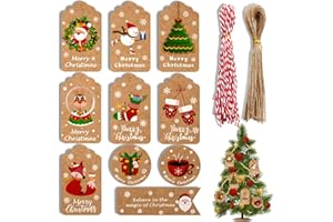 QIMMU 100 Pieces Etiquette Kraft Noel,Etiquette Cadeau Noel,Tags de Noël,Étiquette Carton Kraft avec Ficelle de Jute pour Décoration Bricolage Cadeaux Noël,10 Conception Différente