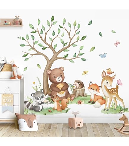 Tanlaby Alberi Foresta Adesivi Murali Animale Orso Pino Adesivi Da Parete Montagne Citazioni Ispirate Stickers Muro per Bambini Camera da Letto Asilo Nido Decorazioni Murali