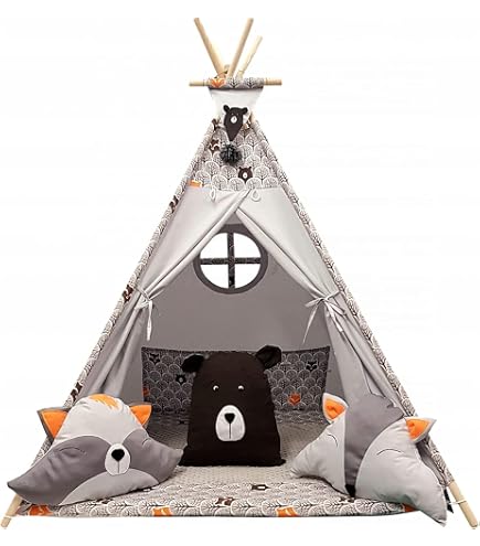 Hej Lønne Kinder Tipi Zelt – 120x120x150 Cm, Weiß Mit Grauen Zacken, Inkl. Bodendecke & Fenster