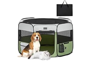 PETSFIT Enclos pliable pour petits animaux, chiens, chats, avec fond étanche, système pop-up, design anti-mastication, gris/vert, 92 x 84 x 53 cm