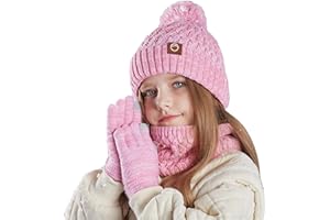 LANCRY Kinder-Wintermütze, Schal und Handschuhe, warme Thermo-Strickmütze, Halswärmer, Touchscreen-Handschuh mit weichem Fleecefutter, für Mädchen und Jungen, Alter 4–10 Jahre