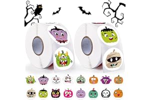 EBANKU 1200 szt. naklejek na Halloween dla dzieci, 16 wzorów okrągłych naklejek z pieczęcią, rolka, dynia, nietoperz, czarownica, pająk, naklejki na Halloween, postać na imprezę, upominki, materiały do torby