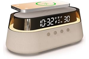 EZVALO Radio Despertador Digital con Carga Inalámbrica 15W, Radio FM Reloj Despertador con Pantalla LED, Luz Nocturna, Altavoz Bluetooth 5.0 para Casa Dormitorio Oficina, Ideas de Regalo para Papá