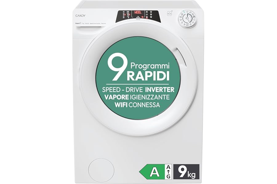 Candy RapidÓ Washing Machine 9 kg, Freestanding, Front Load, Class A, 1400 RPM, 9 Rapid Programmes, Steam Function, Wi-Fi + BLE and App hOn, 60 x 53 x 85 cm, White - RO 1494DWMT/1-S
