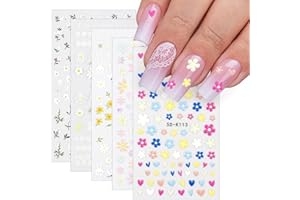 Sularpek Naklejki na paznokcie 3D, wiosenne, kwiaty, 5 arkuszy naklejek na paznokcie 5D, stereoskopowe, samoprzylepne, kolorowe kwiatki, naklejki na paznokcie dla dziewcząt, akcesoria do paznokci