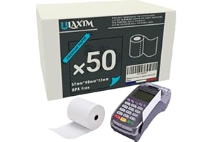 ULAXIM 50 Rouleaux Bobines Papier thermiques 20m ✪Marque Française✪ de dimensions standard 57x40x12mm pour tout appareils CB, TPE quelle que soit la marque : Ingenico, Thales, Hypercom, Banksys (50)
