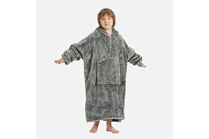 ‎CASOFU CASOFU Decke mit Ärmeln und Kapuze Hoodie Decke Kinder XXL Kuscheldecke mit Ärmeln Lang Deckenpullover zum Anziehen Erwachsene Tragbare Decke Hellgrau Wearable Blanket mit Tasche Reissverscluß